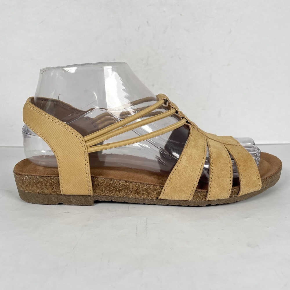 Earth Origins Sandals Womens Size 6.5 Yellow Suede Comfort Strappy Cork Shoes
